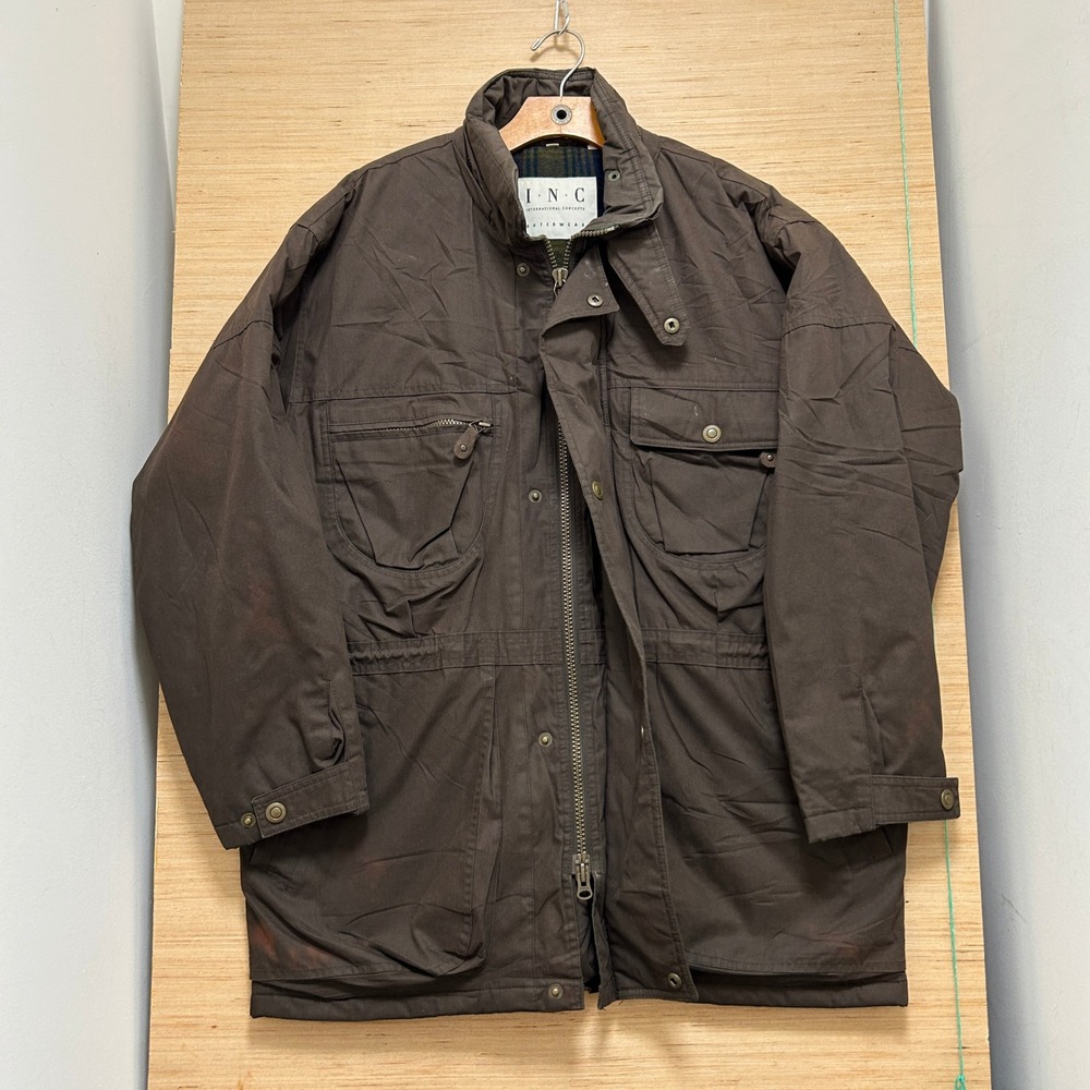 INC International Concepts Mens Brown Canvas Field Jacket Plaid Lined Medium